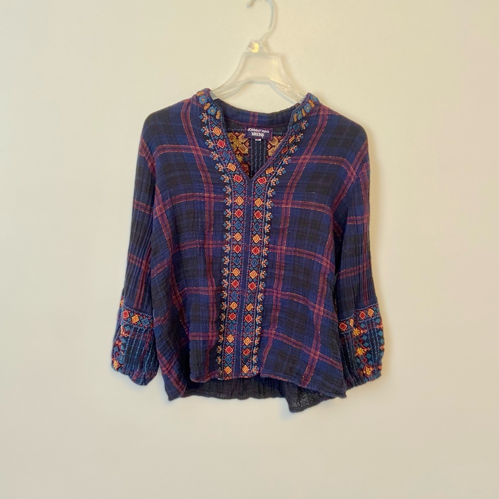 Gorgeous Johnny Was Workshop Plaid Embroidered Boho Blouse XS